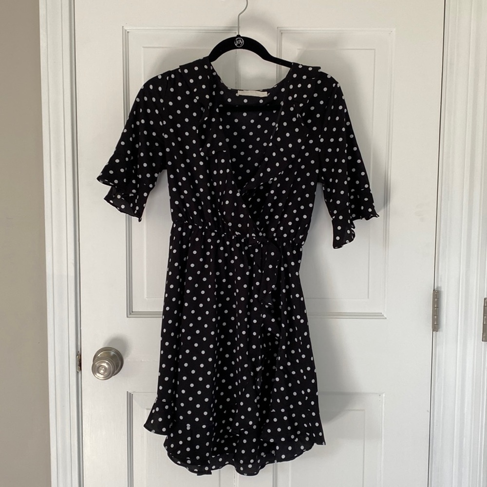 Black polka dot dress. Great for work or a cute brunch!